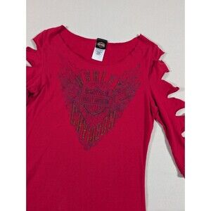 Harley Davidson Womens 3/4 Length Slit Sleeve Design Red Small Shirt Biker